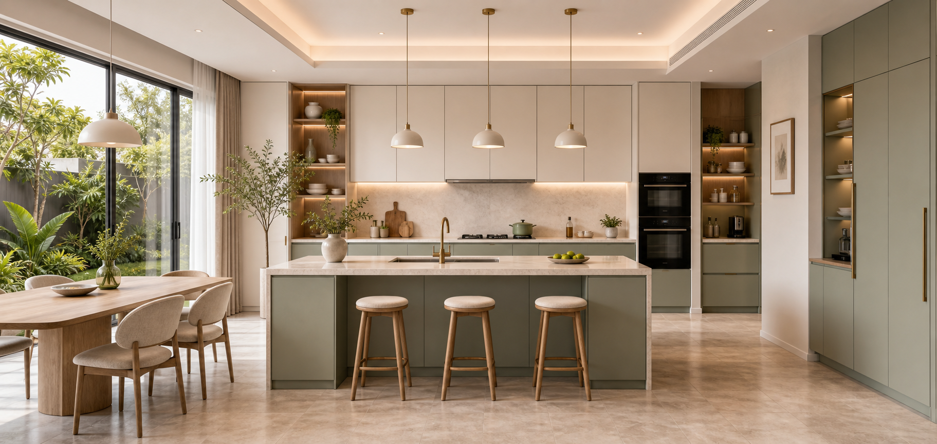 VORA kitchen material package with cabinetry, countertop, and lighting details